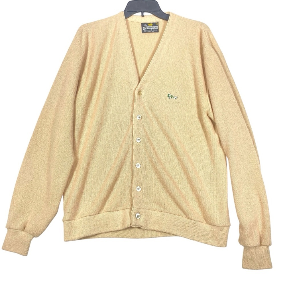 VTG Sears Crown Sportswear Cardigan Sweater Men XL Tan Orlon Acrylic Turtle Logo